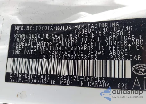 2016 Toyota Corolla L z USA, uszkodzony, nr VIN 2T1BURHE7GC633452